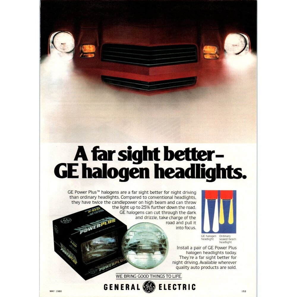 1980 GE General Electric Headlights Chevy Camaro Vintage Print Ad 80s Wall Art
